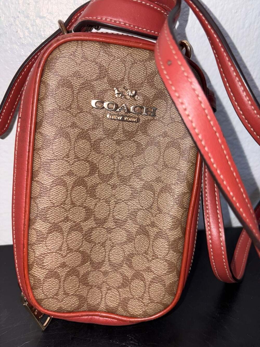 Coach Eva Phone Crossbody Signature Canvas Khaki Terracotta Leather Bag